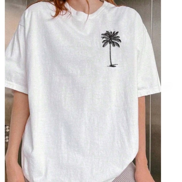 White Oversized Tee Crewneck Short Sleeve Printed Palm Tree - Picture 4 of 8